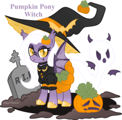 Size: 1600x1582 | Tagged: safe, artist:magicdarkart, oc, oc only, bat pony, ghost, pony, female, grave, gravestone, halloween, hat, holiday, jack-o-lantern, mare, obtrusive watermark, pumpkin, simple background, solo, transparent background, watermark, witch hat