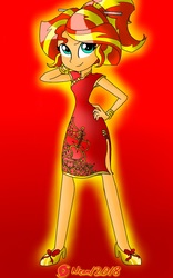 Size: 800x1280 | Tagged: safe, artist:9987neondraws, sunset shimmer, equestria girls, g4, cheongsam, clothes, female, glowing, red, solo, sunshine shimmer