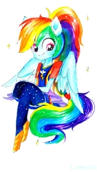 Size: 2322x4128 | Tagged: safe, artist:liaaqila, rainbow dash, equestria girls, equestria girls specials, g4, my little pony equestria girls: better together, my little pony equestria girls: forgotten friendship, clothes, crossed legs, female, floating, ponied up, simple background, sitting, solo, traditional art, white background