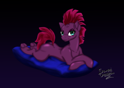 Size: 7016x4961 | Tagged: safe, artist:salamishowdown, tempest shadow, pony, unicorn, g4, my little pony: the movie, absurd resolution, bedroom eyes, broken horn, eye scar, female, flank, gradient background, horn, looking at you, lying down, mare, pillow, prone, scar, smiling, smiling at you, solo