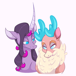 Size: 1500x1500 | Tagged: safe, artist:ogaraorcynder, oleander (tfh), velvet (tfh), classical unicorn, deer, pony, reindeer, unicorn, them's fightin' herds, cloven hooves, community related, female, horn, interspecies, leonine tail, lesbian, looking at each other, shipping, simple background, smiling, unshorn fetlocks, velveander