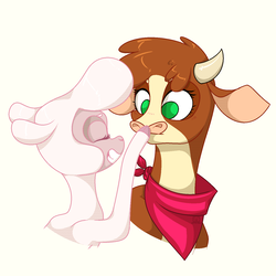 Size: 1500x1500 | Tagged: safe, artist:ogaraorcynder, arizona (tfh), pom (tfh), cow, lamb, sheep, aplflu, them's fightin' herds, bandana, blushing, boop, cloven hooves, community related, female, lesbian, pomzona, shipping, simple background, smiling, touch the cow