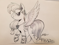 Size: 2048x1536 | Tagged: safe, artist:ncmares, rainbow dash, pegasus, pony, g4, the best night ever, clothes, costume, dress, ear fluff, female, gala dress, grayscale, laurel wreath, monochrome, raised hoof, signature, sketch, solo, spread wings, traditional art, wings