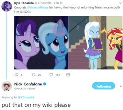 Size: 857x773 | Tagged: safe, screencap, starlight glimmer, sunset shimmer, trixie, unicorn, equestria girls, equestria girls specials, g4, my little pony equestria girls: better together, my little pony equestria girls: forgotten friendship, no second prances, counterparts, meta, nick confalone, text, twilight's counterparts, twitter, twitter screencap