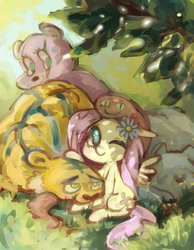 Size: 700x900 | Tagged: safe, artist:yang0, fluttershy, bear, big cat, pegasus, pony, tiger, g4, cute, female, flower, flower in hair, looking at you, mare, one eye closed, shyabetes, wink