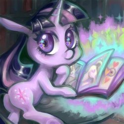 Size: 300x300 | Tagged: safe, artist:yang0, twilight sparkle, pony, unicorn, g4, book, female, library, looking at you, mare, solo, starry eyes, wingding eyes