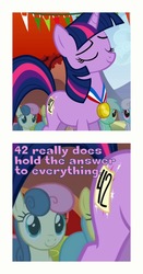 Size: 1500x2870 | Tagged: safe, edit, edited screencap, screencap, bon bon, lyra heartstrings, sweetie drops, twilight sparkle, pony, unicorn, fall weather friends, g4, 42, female, mare, medal, proud, text, unicorn twilight