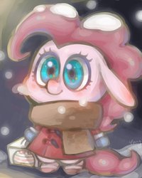 Size: 800x1000 | Tagged: safe, artist:yang0, pinkie pie, earth pony, pony, g4, clothes, cute, female, looking at you, mare, scarf, snow, solo