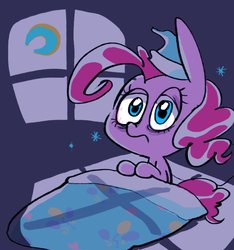 Size: 748x800 | Tagged: safe, artist:yang0, pinkie pie, earth pony, pony, g4, blanket, bloodshot eyes, female, insomnia, looking at you, mare, moon, nightcap, pillow, tired