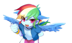 Size: 700x420 | Tagged: safe, alternate version, artist:youhoujou, rainbow dash, human, equestria girls, g4, clothes, female, four ears, looking at you, ponied up, simple background, solo, white background