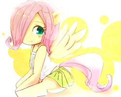 Size: 563x450 | Tagged: safe, artist:youhoujou, fluttershy, pegasus, pony, g4, clothes, cute, female, mare, midriff, moe, shyabetes, simple background, skirt, tank top, white background
