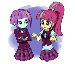 Size: 682x585 | Tagged: safe, artist:twilite-sparkleplz, sour sweet, sunny flare, equestria girls, g4, clothes, crossed arms, crystal prep academy uniform, duo, duo female, female, freckles, looking at each other, pleated skirt, ponytail, school uniform, skirt, sunny flare's wrist devices, uniform