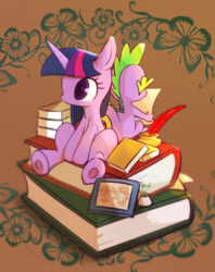 Size: 492x620 | Tagged: safe, artist:youhoujou, spike, twilight sparkle, dragon, pony, unicorn, g4, book, bookhorse, cute, duo, female, ink, male, mare, paper, quill, unicorn twilight