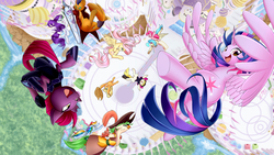 Size: 1920x1080 | Tagged: safe, artist:phoenixperegrine, applejack, capper dapperpaws, captain celaeno, fluttershy, pinkie pie, princess skystar, rainbow dash, rarity, songbird serenade, tempest shadow, twilight sparkle, abyssinian, alicorn, cat, classical hippogriff, earth pony, hippogriff, pegasus, pony, unicorn, anthro, g4, my little pony: the movie, amputee, anthro with ponies, cowboy hat, female, flying, hat, male, mane six, mare, pirate hat, prosthetic limb, prosthetics, smiling, twilight sparkle (alicorn), vertigo