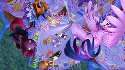 Size: 1920x1080 | Tagged: safe, artist:phoenixperegrine, applejack, capper dapperpaws, captain celaeno, fluttershy, pinkie pie, princess skystar, rainbow dash, rarity, songbird serenade, tempest shadow, twilight sparkle, abyssinian, alicorn, cat, classical hippogriff, earth pony, hippogriff, pegasus, pony, unicorn, anthro, g4, my little pony: the movie, amputee, anthro with ponies, cowboy hat, falling, female, flying, hat, male, mane six, mare, perspective, pirate hat, prosthetic limb, prosthetics, smiling, twilight sparkle (alicorn), vertigo
