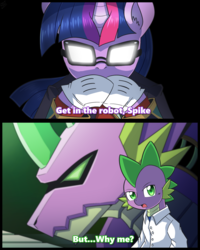 Size: 1200x1500 | Tagged: safe, artist:vavacung, spike, twilight sparkle, dragon, pony, robot, unicorn, g4, clothes, female, gendo pose, glasses, gloves, male, neon genesis evangelion, scary shiny glasses
