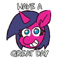 Size: 1400x1400 | Tagged: safe, artist:threetwotwo32232, oc, oc only, oc:fizzy pop, pony, unicorn, animated, female, grin, hotline miami, looking at you, mare, motivational, simple background, smiling, solo, text, transparent background
