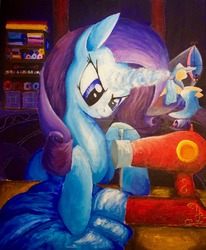 Size: 1024x1243 | Tagged: safe, artist:colorsceempainting, rarity, spike, g4, carousel boutique, female, magic, male, night, sewing machine, solo focus, traditional art, watermark, working, workshop