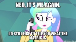 Size: 600x337 | Tagged: safe, edit, edited screencap, screencap, princess celestia, principal celestia, equestria girls, g4, my little pony equestria girls: summertime shorts, subs rock, clerks, clerks: the animated series, image macro, meme, memeful.com, the matrix