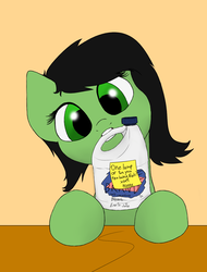 Size: 1097x1446 | Tagged: safe, artist:slowanon, oc, oc:filly anon, earth pony, pony, bipedal, bipedal leaning, bleach, female, filly, leaning, mouth hold, simple background, sticky note, this will end suffering