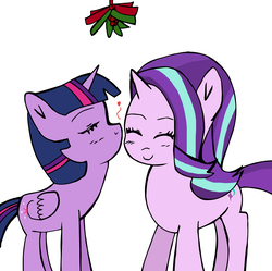 Size: 2399x2386 | Tagged: safe, artist:helsaabi, starlight glimmer, twilight sparkle, alicorn, pony, unicorn, g4, cheek kiss, duo, eyes closed, female, happy, heart, high res, holly, holly mistaken for mistletoe, kissing, lesbian, mare, ship:twistarlight, shipping, simple background, twilight sparkle (alicorn), white background