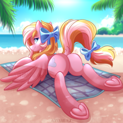 Size: 3333x3333 | Tagged: safe, artist:airiniblock, oc, oc only, oc:bay breeze, pegasus, pony, rcf community, beach, bedroom eyes, butt, commission, female, high res, lidded eyes, looking back, mare, plot, prone, seductive, seductive look, seductive pose, sexy, smiling, solo, stupid sexy bay breeze, underhoof, water