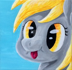 Size: 1024x1004 | Tagged: safe, artist:colorsceempainting, derpy hooves, pony, g4, :p, big eyes, canvas, cute, female, paint, painting, silly, silly face, smiling, solo, tongue out, traditional art, watermark