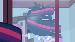 Size: 1920x1080 | Tagged: safe, screencap, sci-twi, twilight sparkle, equestria girls, g4, monday blues, my little pony equestria girls: summertime shorts, clothes, female, hair dryer, mirror, pajamas, solo, windswept mane
