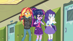 Size: 1920x1080 | Tagged: safe, screencap, rarity, sci-twi, sunset shimmer, twilight sparkle, equestria girls, g4, monday blues, my little pony equestria girls: summertime shorts, backpack, boot, bracelet, canterlot high, clothes, crying, female, geode of shielding, geode of telekinesis, glasses, hoodie, jewelry, lidded eyes, lockers, magical geodes, makeup, ponytail, running makeup, school, shoes, skirt, tissue, trio, wet, wet boots, wet clothes, wet hair