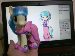 Size: 1000x750 | Tagged: safe, artist:jdan-s, coco pommel, human, anthro, g4, clothes, computer, dell, dress, fashion style, hand, irl, irl human, laptop computer, mypaint, photo, skirt, toy, toy interpretation