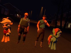 Size: 1024x768 | Tagged: safe, applejack, rainbow dash, human, pony, g4, 3d, engineer, engineer (tf2), scout (tf2), source filmmaker, team fortress 2