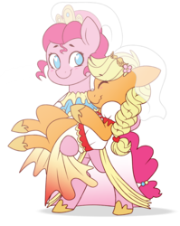 Size: 2455x3091 | Tagged: safe, artist:hyperion-jack, applejack, pinkie pie, earth pony, pony, g4, bipedal, blushing, braid, carrying, clothes, dress, female, high res, holding, lesbian, mare, ship:applepie, shipping, simple background, wedding dress, white background