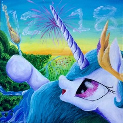 Size: 1024x1027 | Tagged: safe, artist:colorsceempainting, princess celestia, alicorn, pony, g4, alcohol, champagne, drink, female, giveaway, horn, mare, new year, paint, painting, ponyville, royalty, scenery, solo, traditional art, watermark, wine