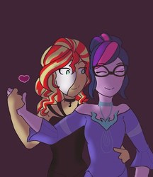 Size: 638x737 | Tagged: safe, artist:horsegirlpodcast, sci-twi, sunset shimmer, twilight sparkle, equestria girls, g4, clothes, crossover, dancing, dress, eyes closed, female, heart, holding hands, lesbian, mask, phantom of the opera, ship:sci-twishimmer, ship:sunsetsparkle, shipping