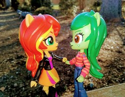 Size: 3136x2448 | Tagged: safe, artist:artking3000, sunset shimmer, wallflower blush, equestria girls, equestria girls series, forgotten friendship, g4, boots, clothes, customized toy, doll, dress, equestria girls minis, female, high res, irl, jacket, lesbian, pants, photo, ship:wallset, shipping, shoes, skirt, toy