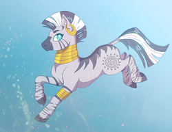 Size: 1100x850 | Tagged: safe, artist:rusztic, zecora, zebra, g4, blue eyes, bubble, crepuscular rays, cute, ear piercing, earring, female, flowing tail, jewelry, looking at you, ocean, piercing, ring, signature, smiling, smiling at you, solo, sunlight, swimming, tail, underwater, unshorn fetlocks, water