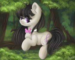 Size: 2000x1600 | Tagged: safe, artist:mitralexa, octavia melody, earth pony, pony, g4, bowtie, cute, female, forest, looking at you, mare, prone, smiling, solo, tree, tree branch