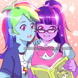 Size: 612x612 | Tagged: safe, artist:naomigumbs, daring do, rainbow dash, sci-twi, twilight sparkle, equestria girls, g4, female, lesbian, ship:sci-twidash, ship:twidash, shipping, watermark