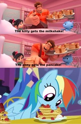 Size: 847x1297 | Tagged: safe, rainbow dash, cat, human, pegasus, pony, castle sweet castle, g4, cute, dashabetes, disney, food, pancakes, ralph breaks the internet, spoilers for another series, that was fast, vanellope von schweetz, wreck-it ralph, wreck-it ralph (character), wreck-it ralph 2