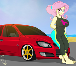 Size: 1600x1382 | Tagged: safe, artist:phyll, fluttershy, equestria girls, equestria girls series, forgotten friendship, g4, adorasexy, alternate hairstyle, barefoot, beach, breasts, busty fluttershy, car, chevrolet, chevrolet celta, clothes, cute, feet, female, fluttershy's wetsuit, lidded eyes, sexy, stupid sexy fluttershy, swimsuit, wetsuit