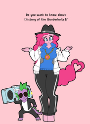Size: 1805x2480 | Tagged: safe, artist:franschesco, pinkie pie, spike, dragon, earth pony, anthro, unguligrade anthro, g4, boombox, clothes, female, hat, looking at you, mare, pants, pink background, radio, rapper pie, shirt, simple background, smiling, sunglasses