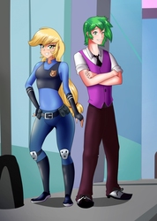 Size: 728x1024 | Tagged: dead source, safe, artist:thebrokencog, applejack, spike, human, fanfic:maretropolis, g4, city, clothes, commission, cover art, crossover, disney, fanfic, fanfic art, humanized, judy hopps, looking at you, nick wilde, pants, shoes, sidewalk, zootopia