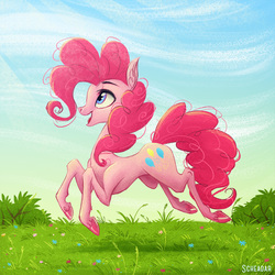 Size: 1200x1200 | Tagged: safe, artist:scheadar, pinkie pie, earth pony, pony, g4, cloud, colored hooves, cute, diapinkes, female, flower, grass, happy, hopping, mare, realistic horse legs, scenery, sky, smiling, solo, who needs a ribcage