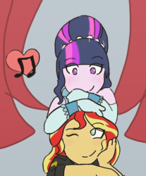 Size: 720x870 | Tagged: safe, artist:horsegirlpodcast, sunset shimmer, twilight sparkle, alicorn, equestria girls, friendship through the ages, g4, clothes, dress, female, hair bun, heart, lesbian, looking at each other, music notes, one eye closed, ship:sunsetsparkle, shipping, smiling, twilight sparkle (alicorn), wink