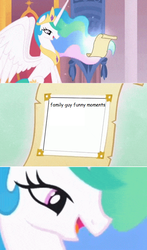 Size: 479x813 | Tagged: safe, princess celestia, alicorn, pony, g4, celestia's letter, exploitable meme, family guy, female, letter, male, meme, solo, template, theme song letter meme