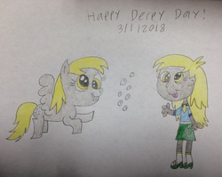 Size: 3068x2448 | Tagged: safe, artist:smurfettyblue, derpy hooves, human, pegasus, pony, equestria girls, g4, cutie mark, derpy day, derpy day 2018, duality, high res, human ponidox, self ponidox, simple background, text, traditional art