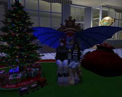 Size: 1280x1024 | Tagged: safe, oc, oc only, oc:icarus the lunar guard, bat pony, anthro, anthro oc, bat pony oc, bat wings, christmas, christmas tree, cougar, female, herd, holiday, male, mare, night, night guard, santa sack, second life, stallion, tree