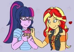 Size: 936x660 | Tagged: safe, artist:horsegirlpodcast, sci-twi, sunset shimmer, twilight sparkle, equestria girls, g4, my little pony equestria girls: better together, cupcake, female, food, heart, lesbian, ship:sci-twishimmer, ship:sunsetsparkle, shipping, smiling