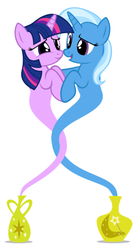 Size: 366x662 | Tagged: safe, artist:navitaserussirus, trixie, twilight sparkle, genie, asktwixiegenies, g4, cropped, duo, female, lesbian, ship:twixie, shipping, simple background, white background