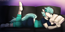 Size: 2000x1000 | Tagged: safe, artist:fur-what-loo, coco pommel, oc, oc only, oc:cocobot, robot, anthro, unguligrade anthro, g4, book, clothes, couch, female, prone, reading, smiling, solo